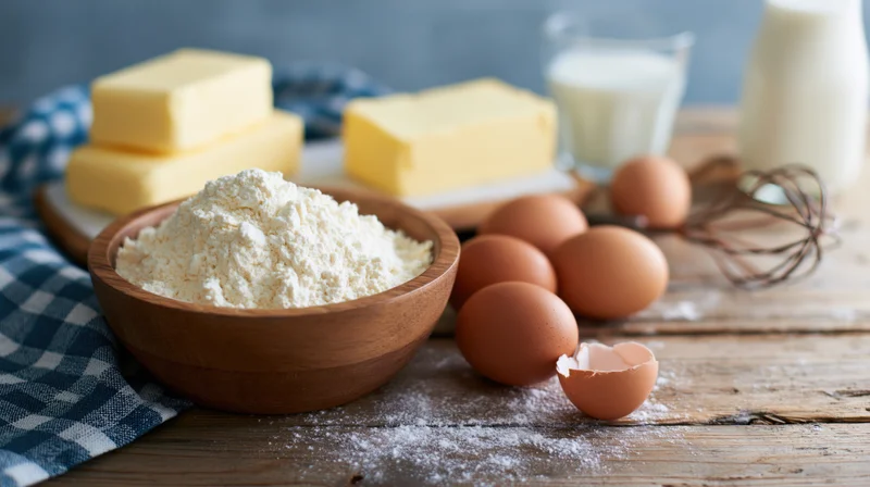 Baking ingredients arranged on a rustic wooden kitchen countertop