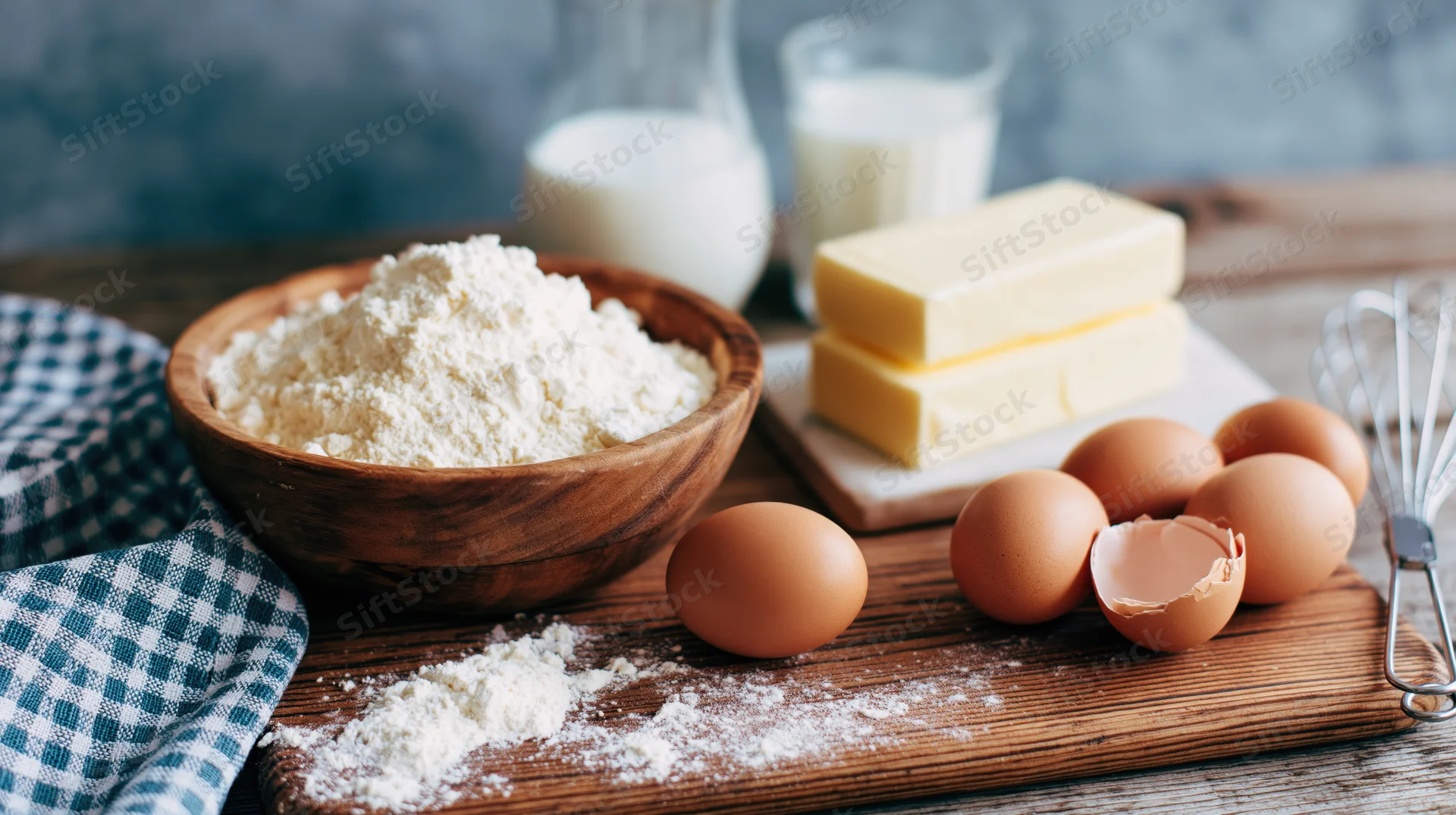 Baking ingredients arranged on a rustic wooden kitchen countertop with flour in a bowl, eggs, butter, milk, and a whisk nearby