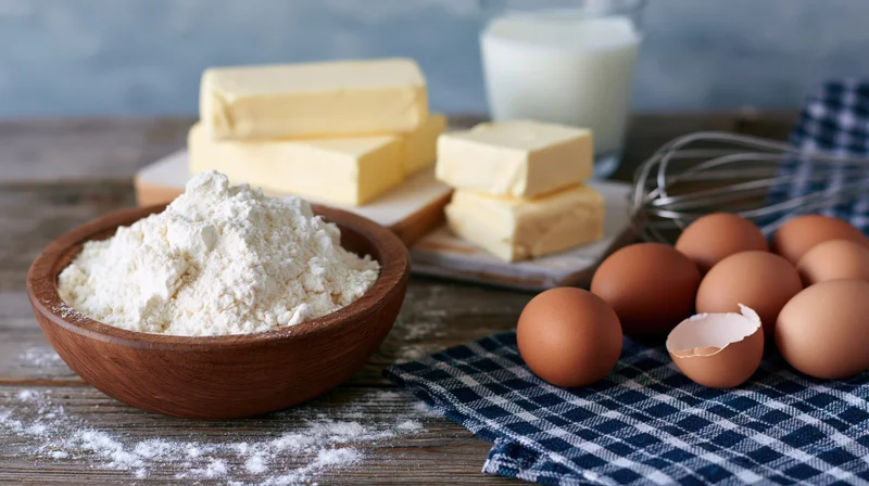 Baking ingredients arranged on a rustic wooden kitchen countertop