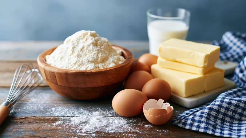Baking ingredients arranged on a rustic wooden kitchen countertop with flour, eggs, butter and milk