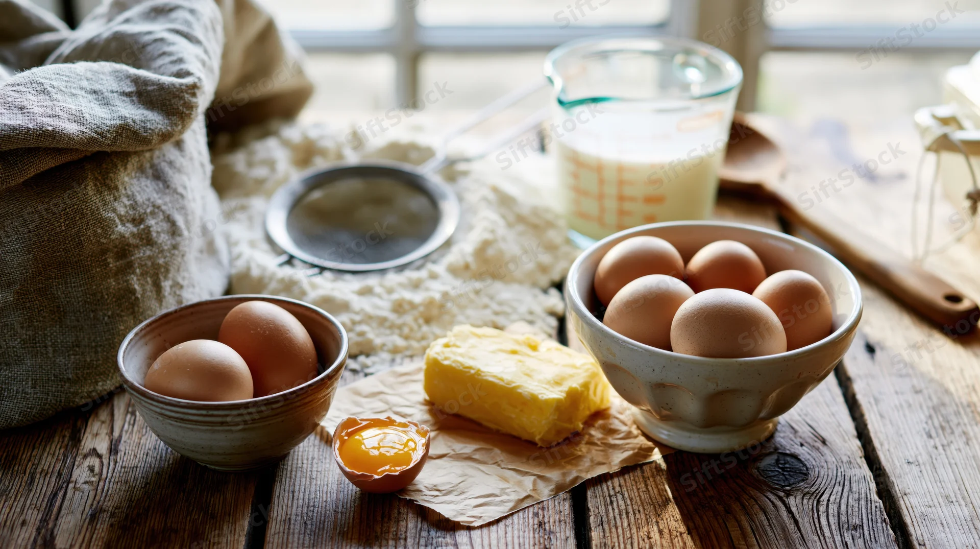 Baking ingredients arranged on a rustic wooden kitchen table with bowls of eggs, flour, butter and milk