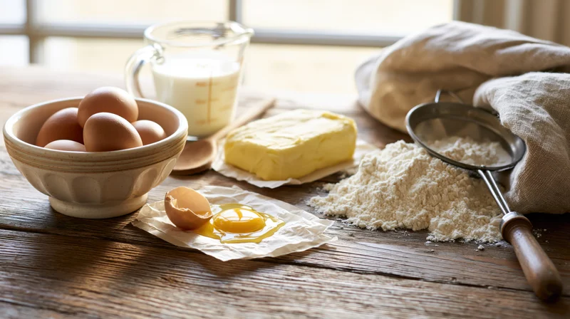 Baking ingredients arranged on a rustic wooden kitchen table with natural light from a window