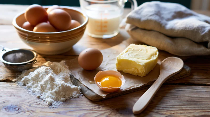 Baking ingredients arranged on a rustic wooden kitchen table