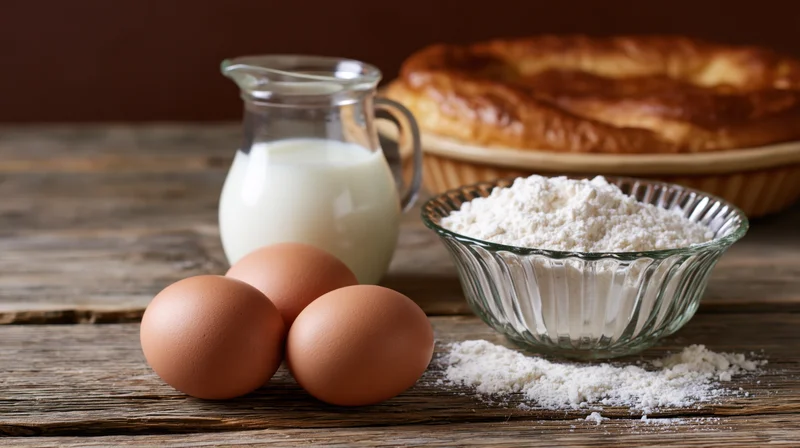 Baking ingredients arranged on a rustic wooden table with a baked pastry in the background