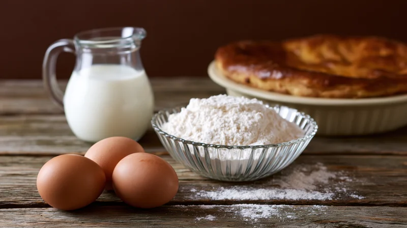 Baking ingredients including flour, eggs, milk and bread arranged on a rustic wooden table