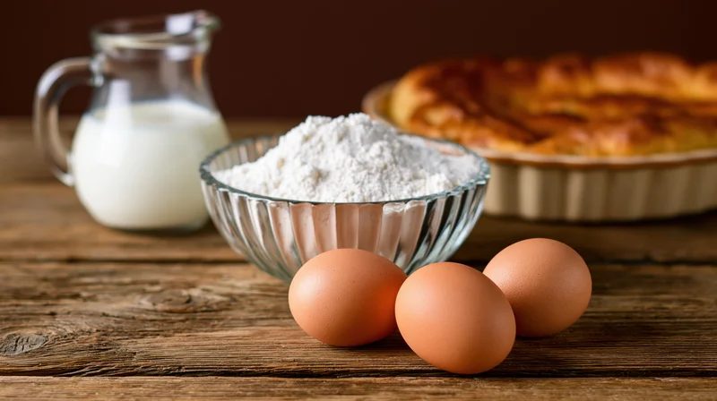 Baking ingredients including flour, eggs, milk and a pie arranged on a rustic wooden table