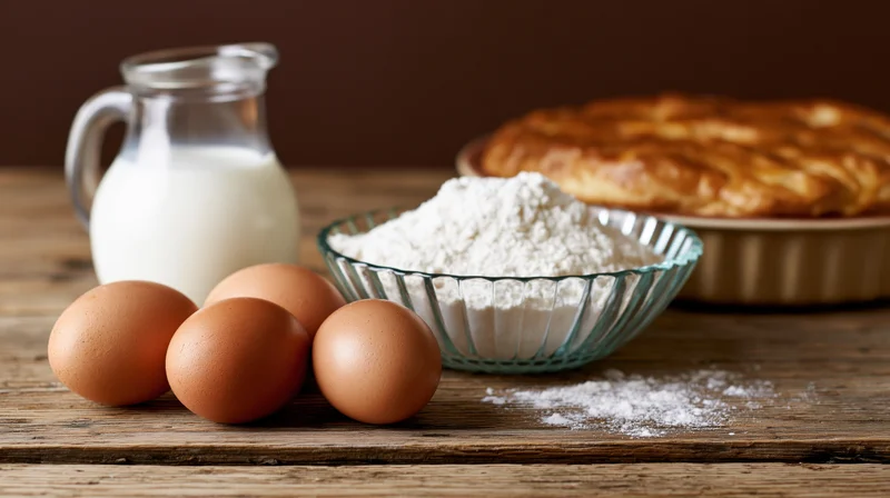 Baking ingredients arranged on a rustic wooden table with a golden pie in the background