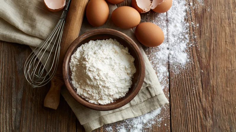 Baking ingredients including flour in a wooden bowl and eggs on a rustic wooden table with a whisk and cloth napkin