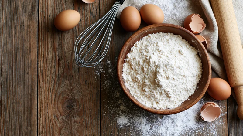 Flour in a wooden bowl with eggs and baking tools on a rustic wooden table