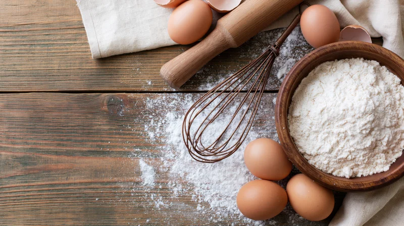 Baking ingredients including flour, eggs, whisk and rolling pin arranged on a rustic wooden table with scattered flour and copyspace