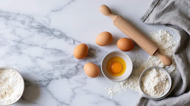 Baking ingredients including eggs and flour arranged on a white marble countertop with a rolling pin and bowls