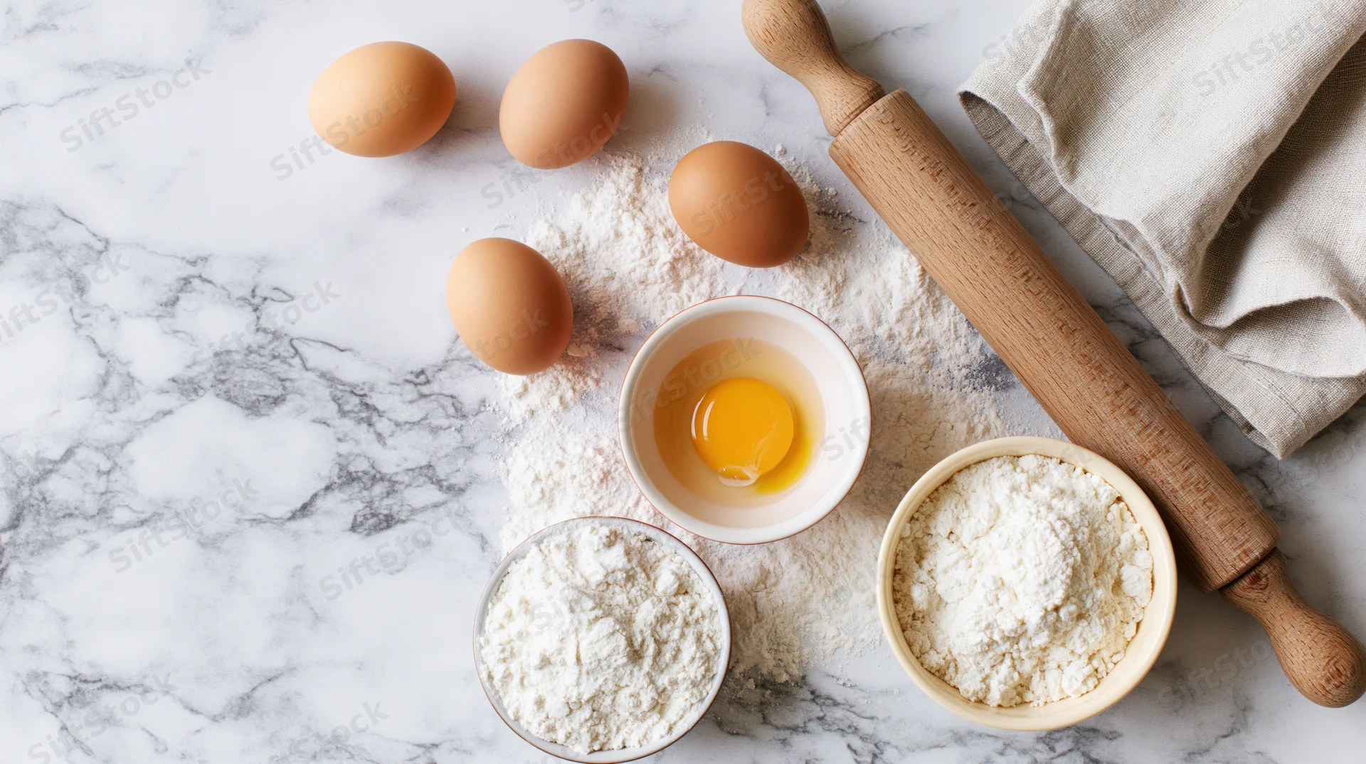 Baking ingredients including flour, eggs and a rolling pin arranged on a white marble countertop