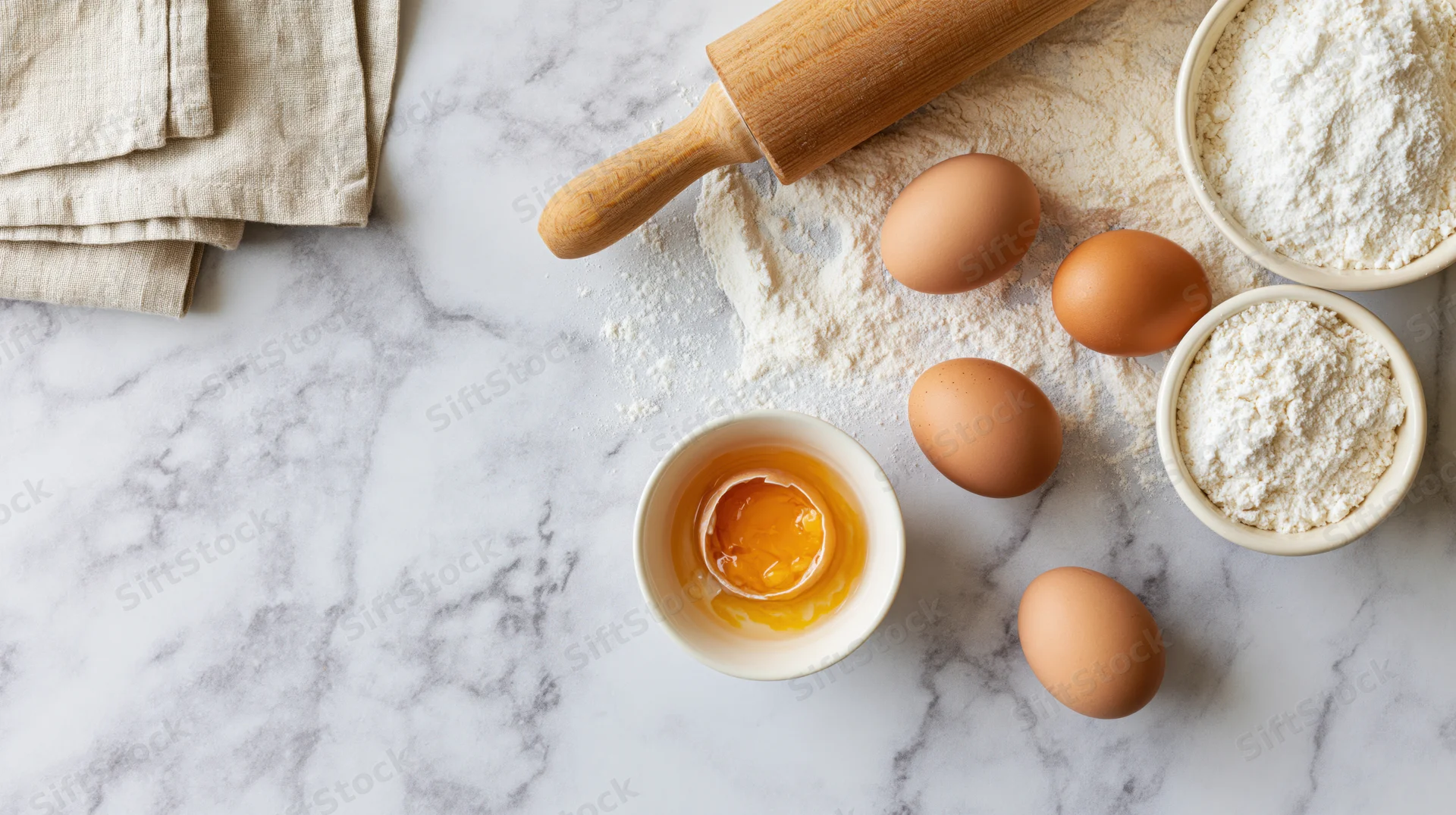 Baking ingredients including eggs and flour arranged on a white marble countertop