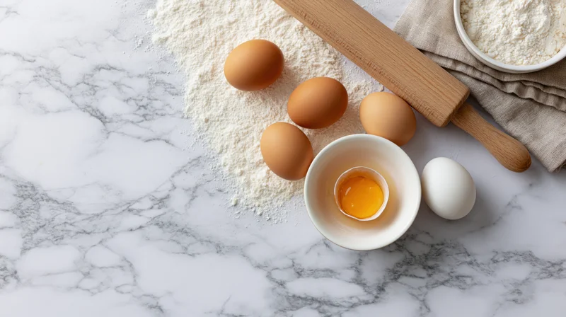 Baking ingredients including eggs and flour arranged on a white marble countertop with a rolling pin and bowl