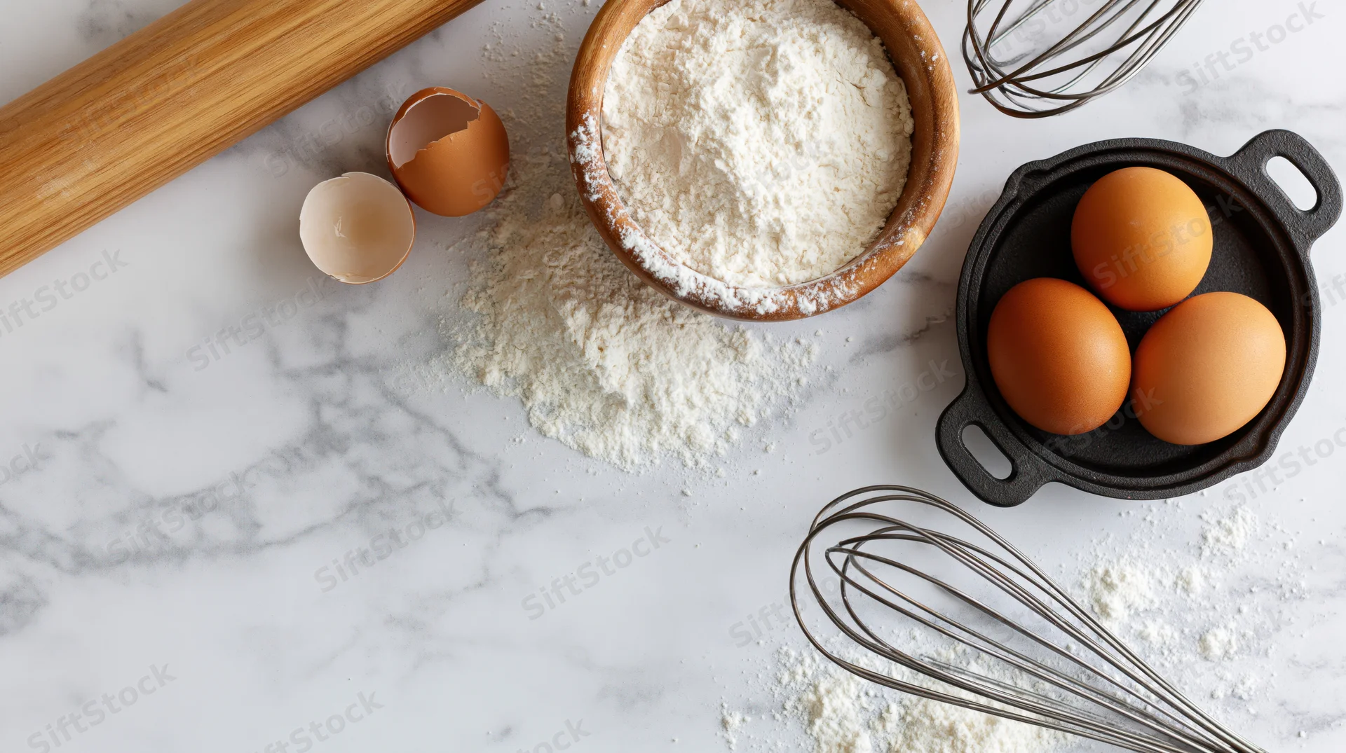 Baking ingredients including flour, eggs, and utensils arranged on a white marble countertop