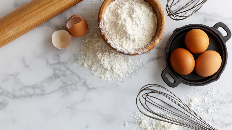 Baking ingredients including flour, eggs, and utensils arranged on a white marble countertop