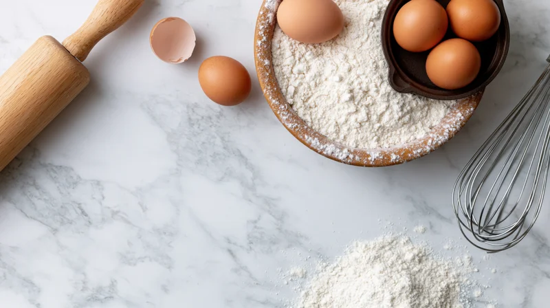 Baking ingredients arranged on a white marble countertop with rolling pin and whisk