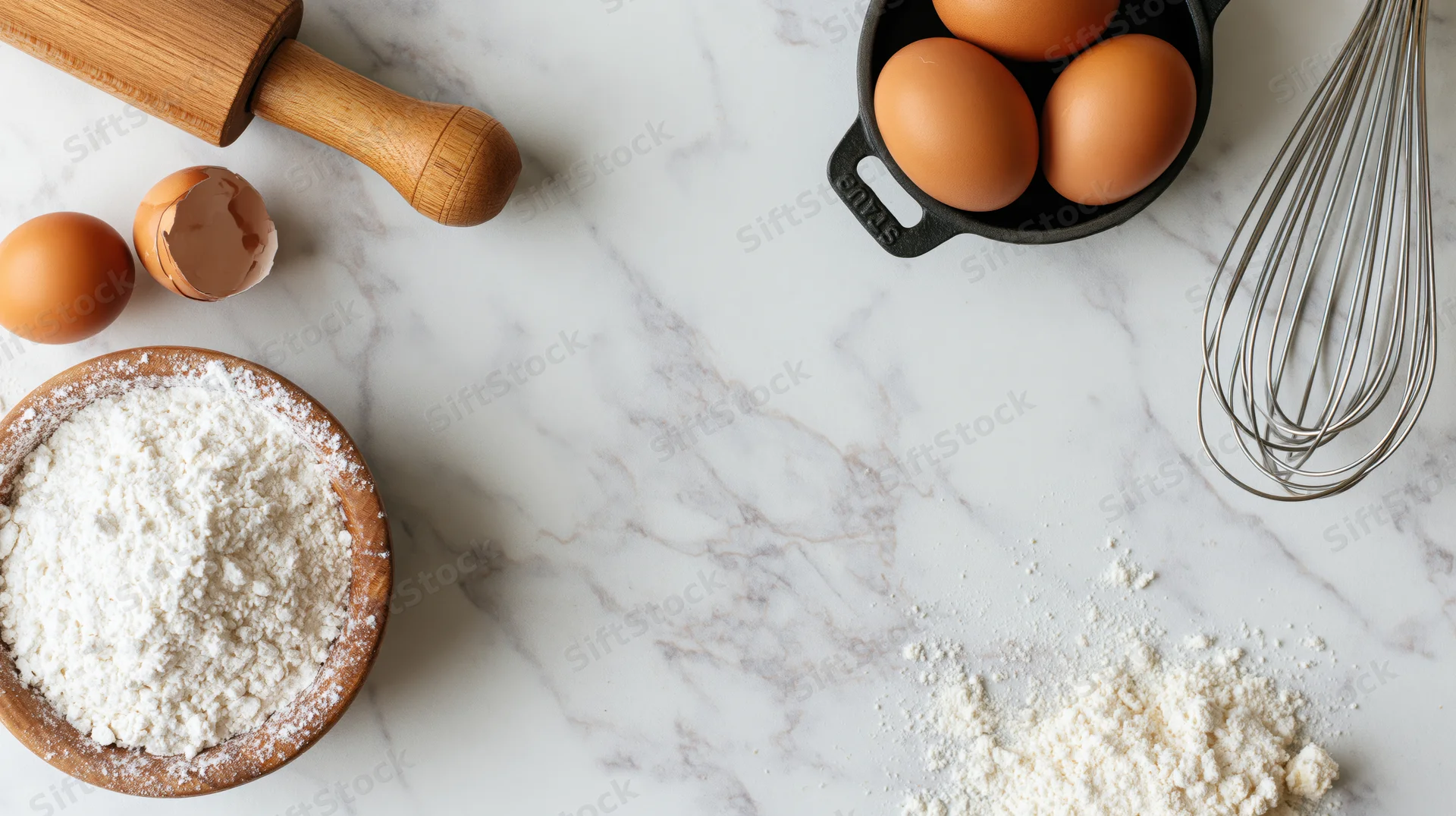 Baking ingredients arranged on a white marble countertop with wooden rolling pin and whisk
