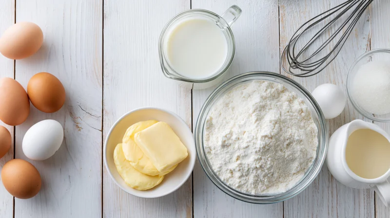 Baking ingredients arranged on a white painted wood table