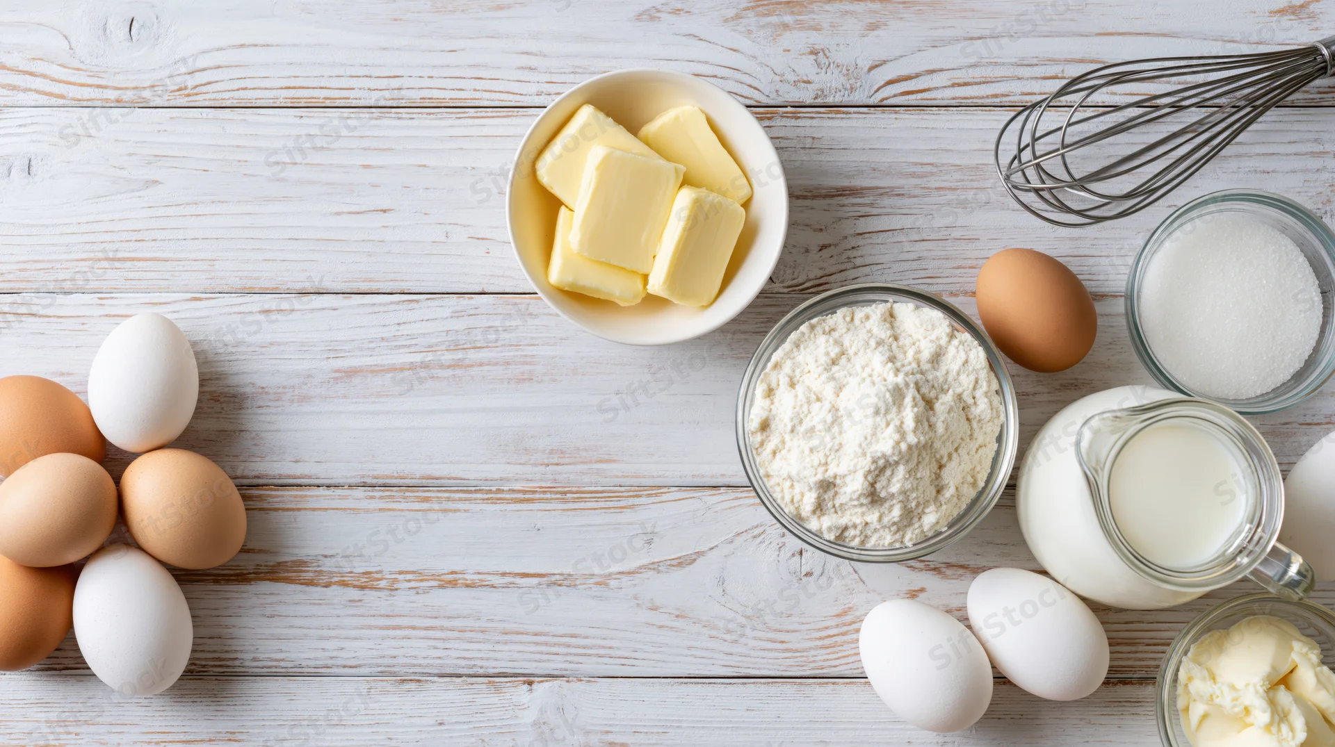 Baking ingredients arranged on a white painted wood table with copyspace
