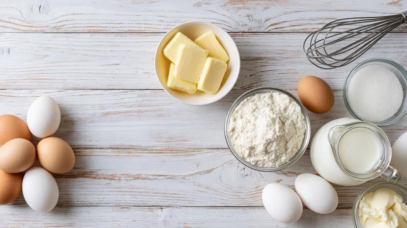 Baking ingredients arranged on a white painted wood table with copyspace