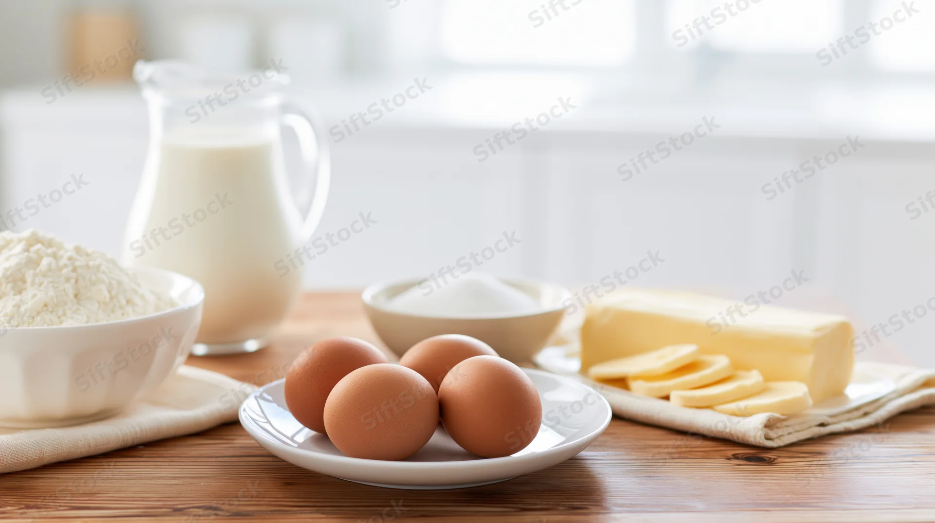 Baking ingredients arranged on a wooden kitchen table with eggs, flour, milk, butter and sugar in bowls and a pitcher