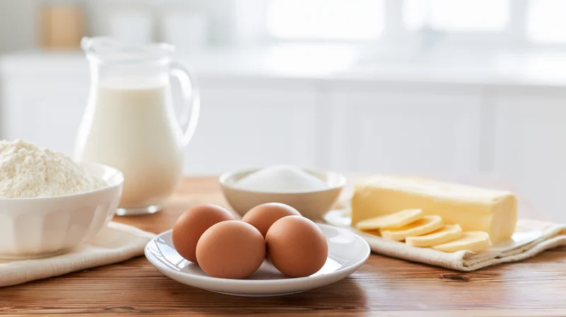 Baking ingredients arranged on a wooden kitchen table with eggs, flour, milk, butter and sugar in bowls and a pitcher