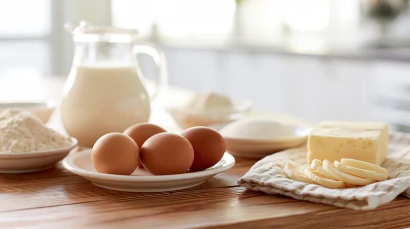Baking ingredients arranged on a wooden kitchen table including eggs, milk, flour, and butter