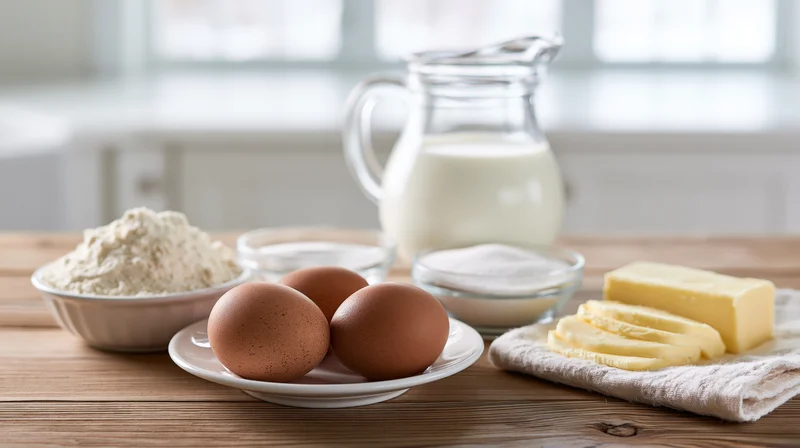 Baking ingredients arranged on a wooden kitchen table including flour, eggs, milk, butter and sugar