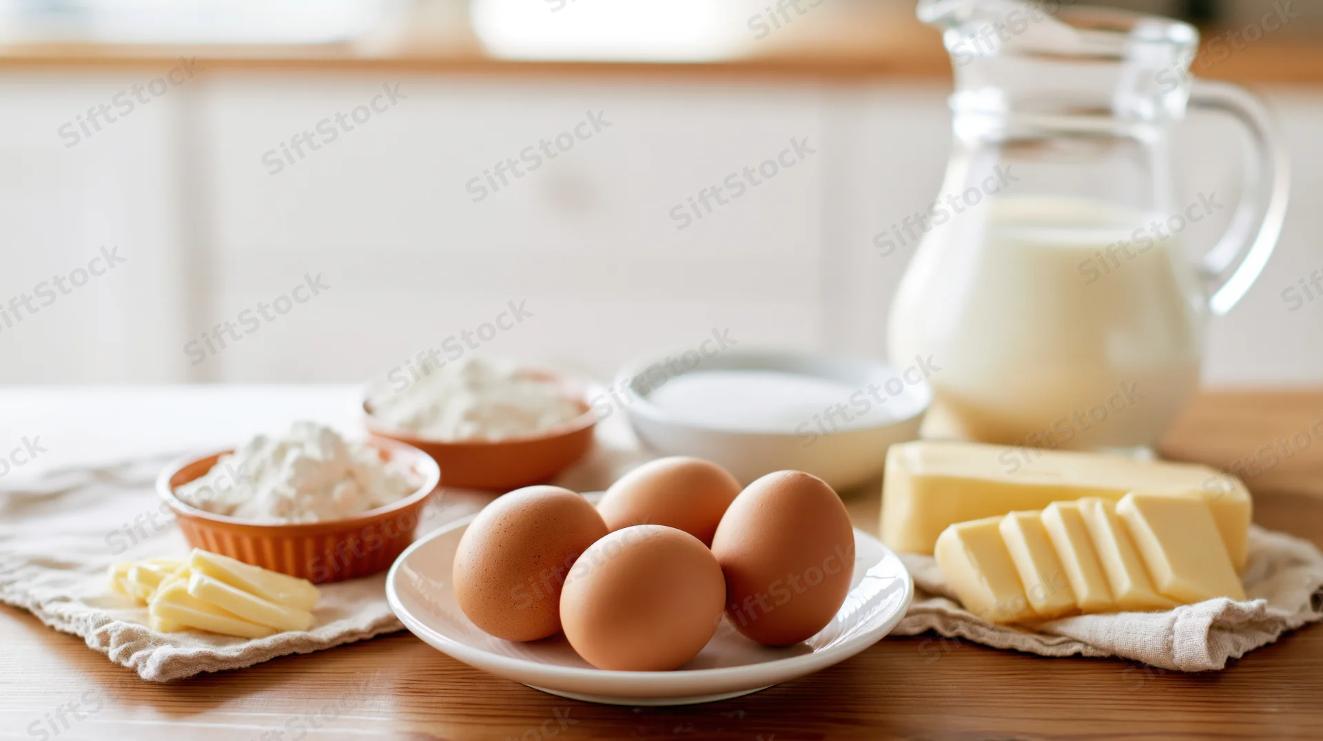 Baking ingredients arranged on a wooden kitchen table including eggs, milk, butter, and flour