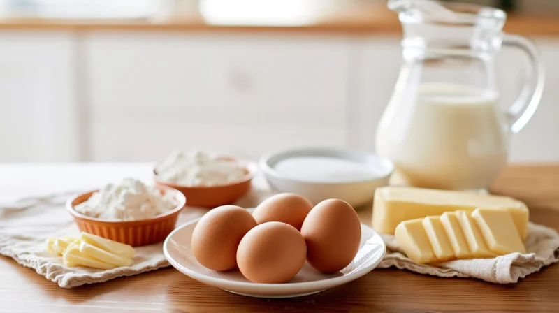 Baking ingredients arranged on a wooden kitchen table including eggs, milk, butter, and flour