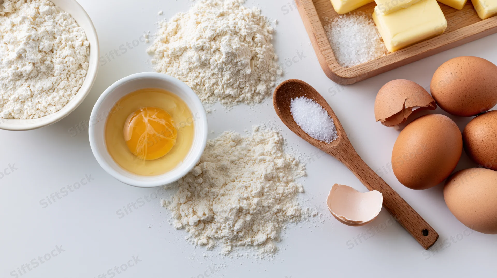 Baking ingredients arranged flat on white surface including flour, eggs, butter, sugar, and salt