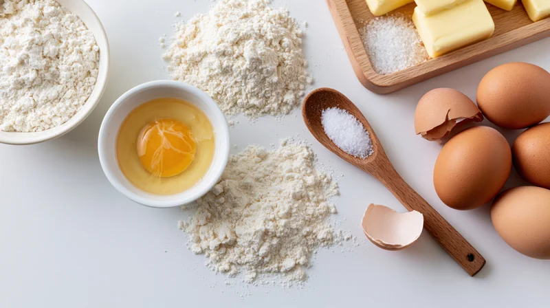 Baking ingredients arranged flat on white surface including flour, eggs, butter, sugar, and salt