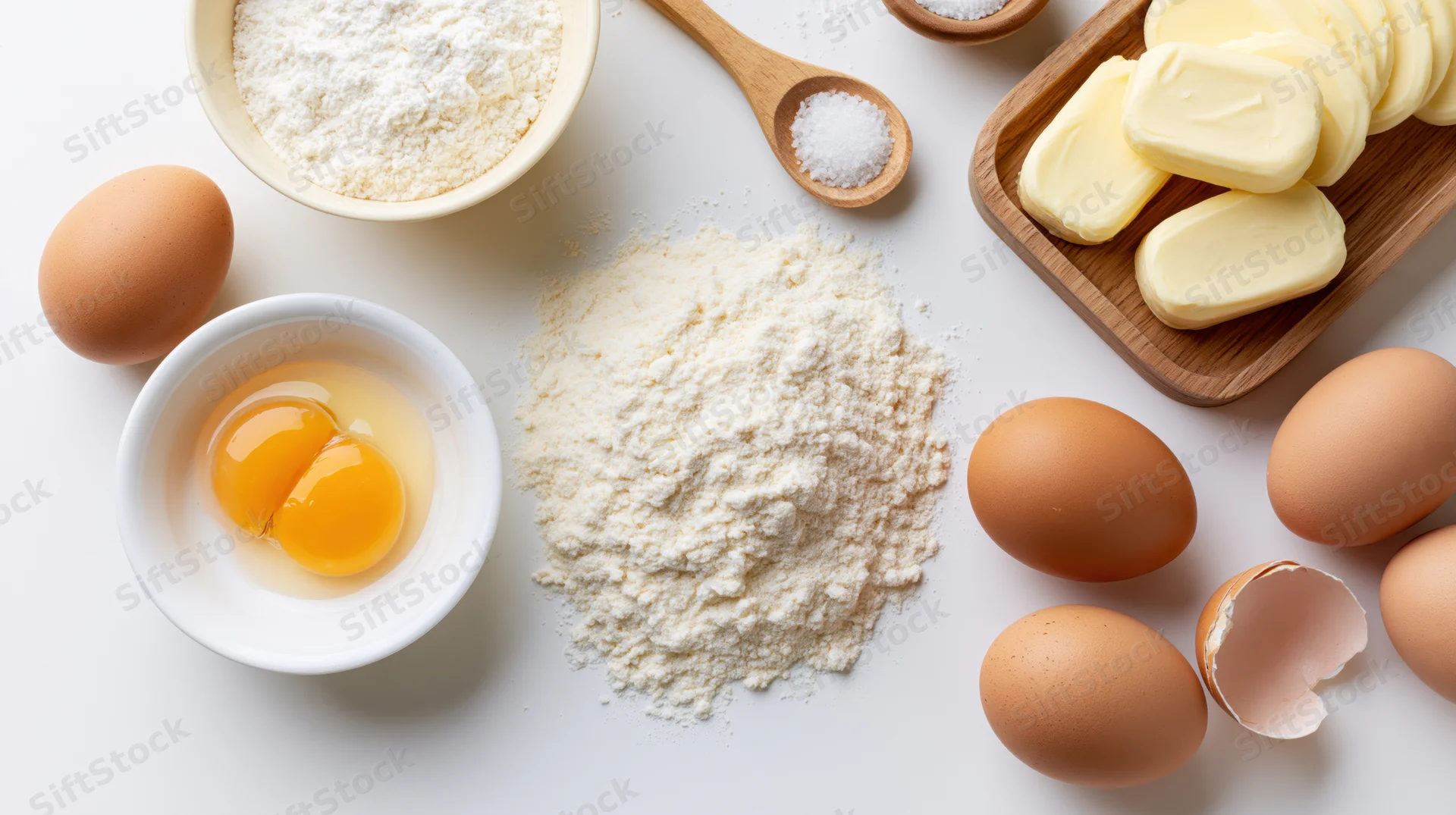 Baking ingredients arranged flat on white surface including flour, eggs, butter, sugar, and salt