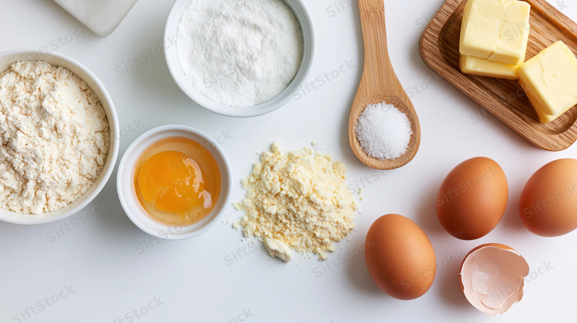 Baking ingredients arranged flat on white surface including flour, eggs, butter, sugar, and milk with wooden spoon and bowls
