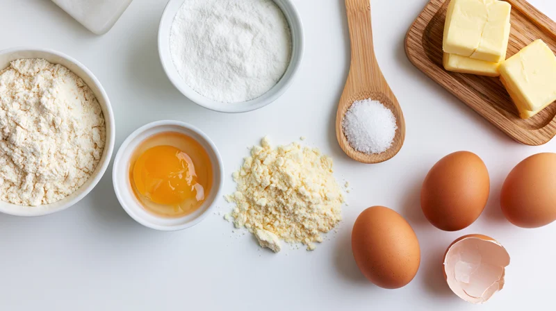 Baking ingredients arranged flat on white surface including flour, eggs, butter, sugar, and milk with wooden spoon and bowls