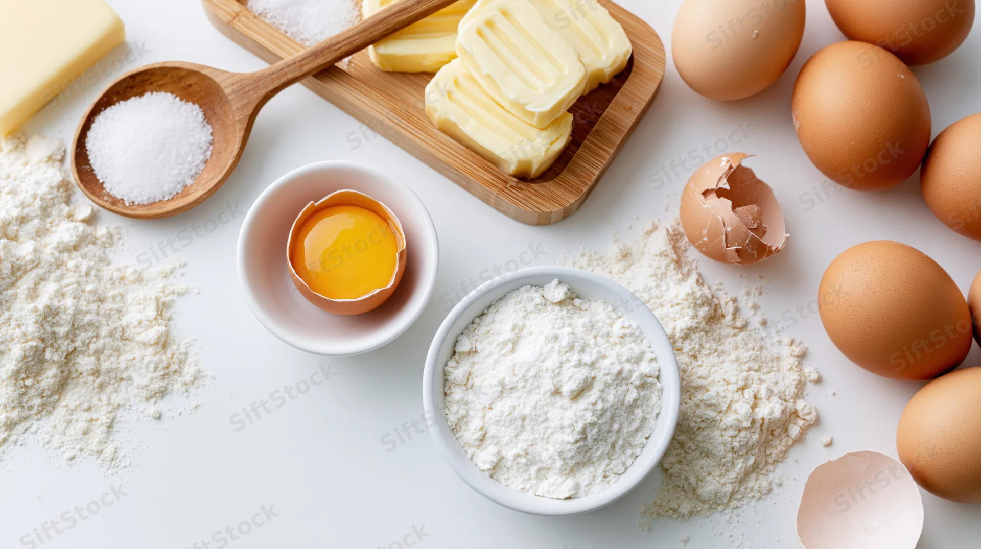 Baking ingredients including flour, eggs, butter and sugar arranged on a white surface with cracked shells and bowls