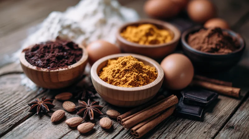Baking ingredients arranged on a rustic wooden table with flour, eggs, spices and chocolate