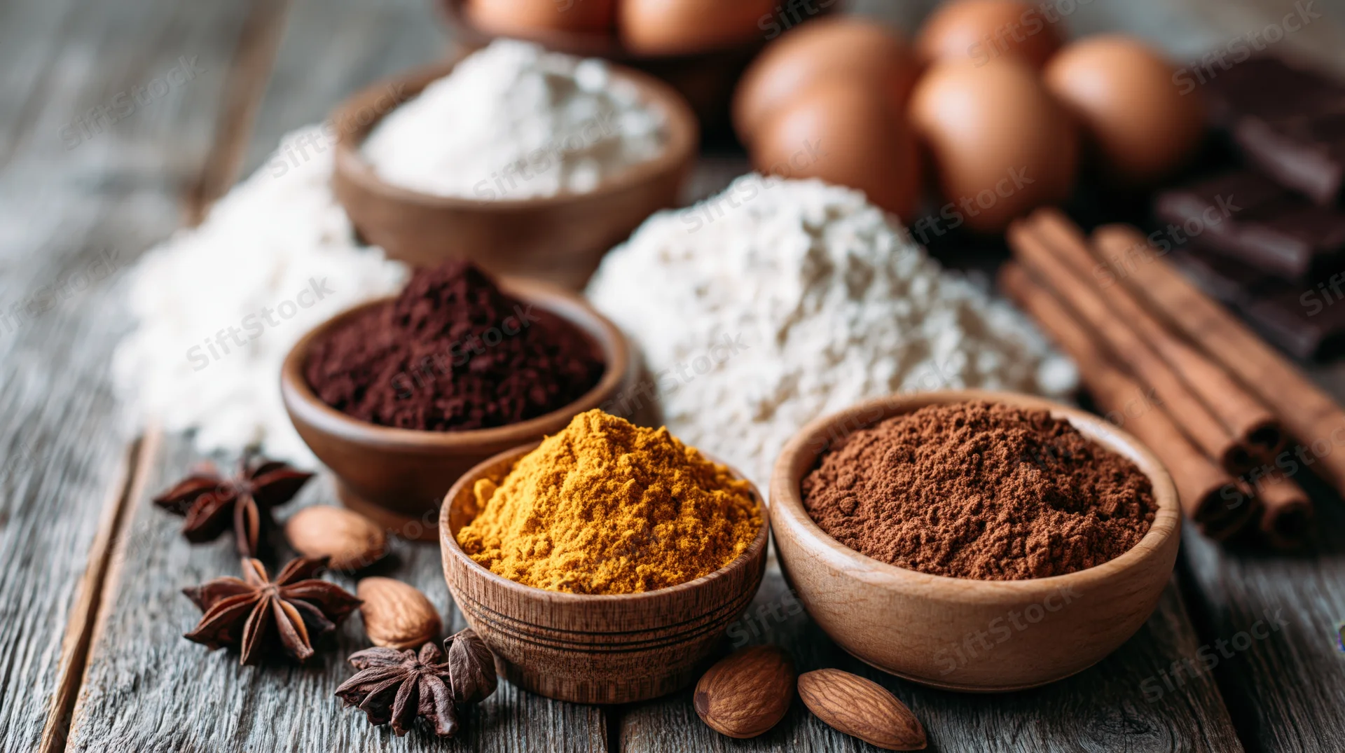 Baking ingredients arranged on a rustic wooden table with bowls of flour, spices, eggs and chocolate
