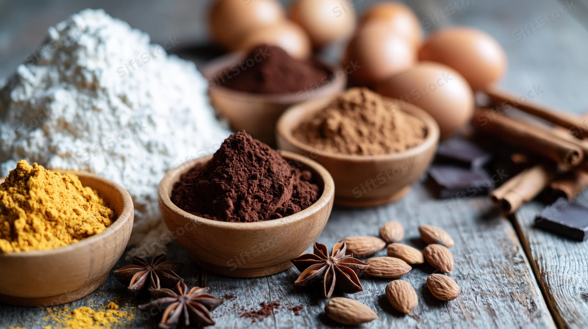 Baking ingredients arranged on a rustic wooden table with bowls of flour, cocoa, turmeric, cinnamon, almonds, star anise, eggs and chocolate bars