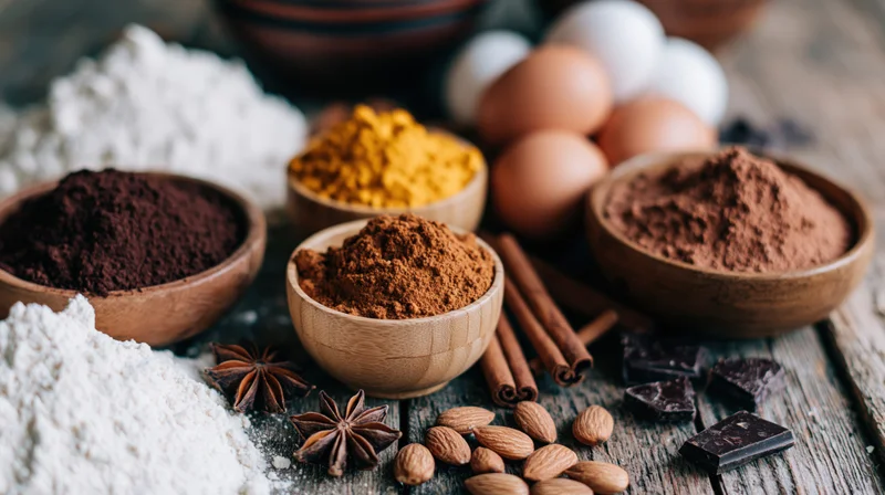 Baking ingredients arranged on a rustic wooden table with bowls of flour, cocoa, cinnamon, almonds, chocolate, eggs, and turmeric
