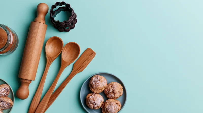 Baking tools and pastries arranged along left and bottom edges on teal surface