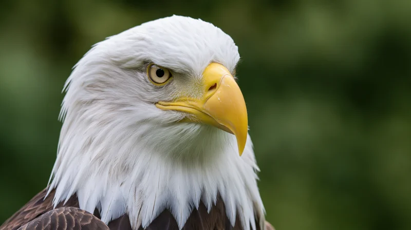 Bald eagle head in profile with alert gaze against green foliage background