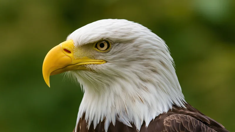 Bald eagle head in profile with alert gaze against blurred green background