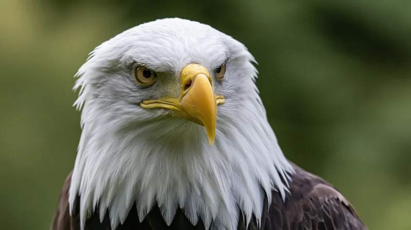 Bald eagle head in profile with alert gaze against green background