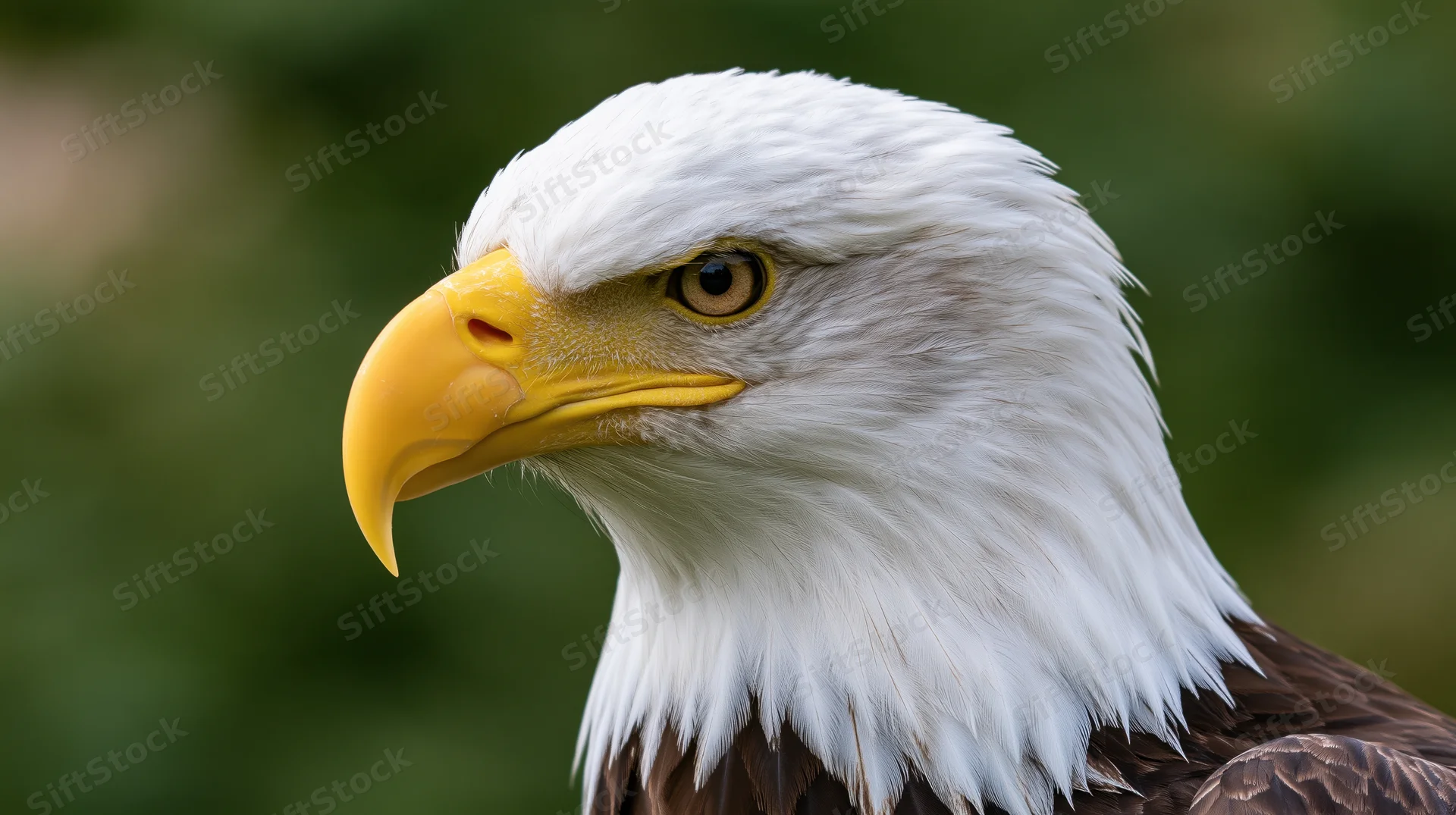 Bald eagle head in profile with alert gaze against green foliage background