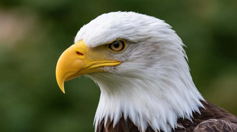 Bald eagle head in profile with alert gaze against green foliage background