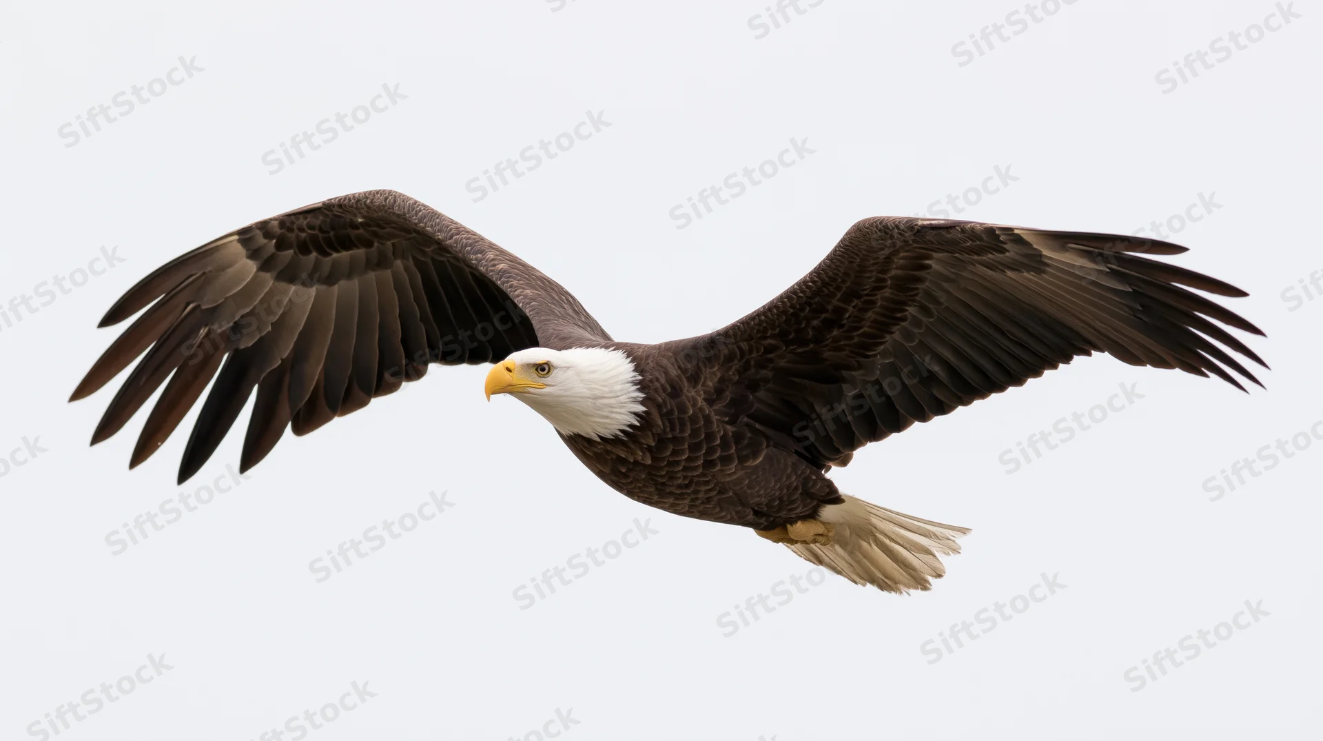 Bald eagle in mid-flight with wings fully extended against a plain sky