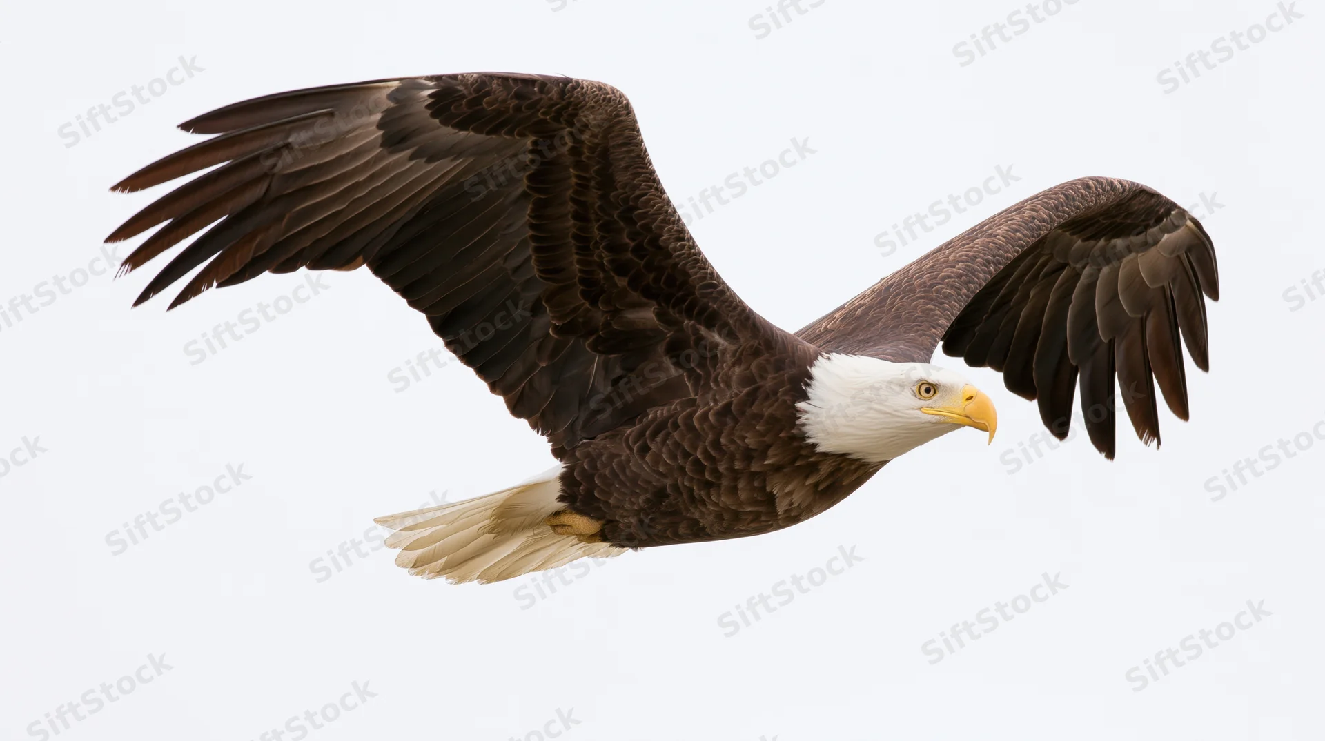 Bald eagle in mid-flight with wings fully extended against white background