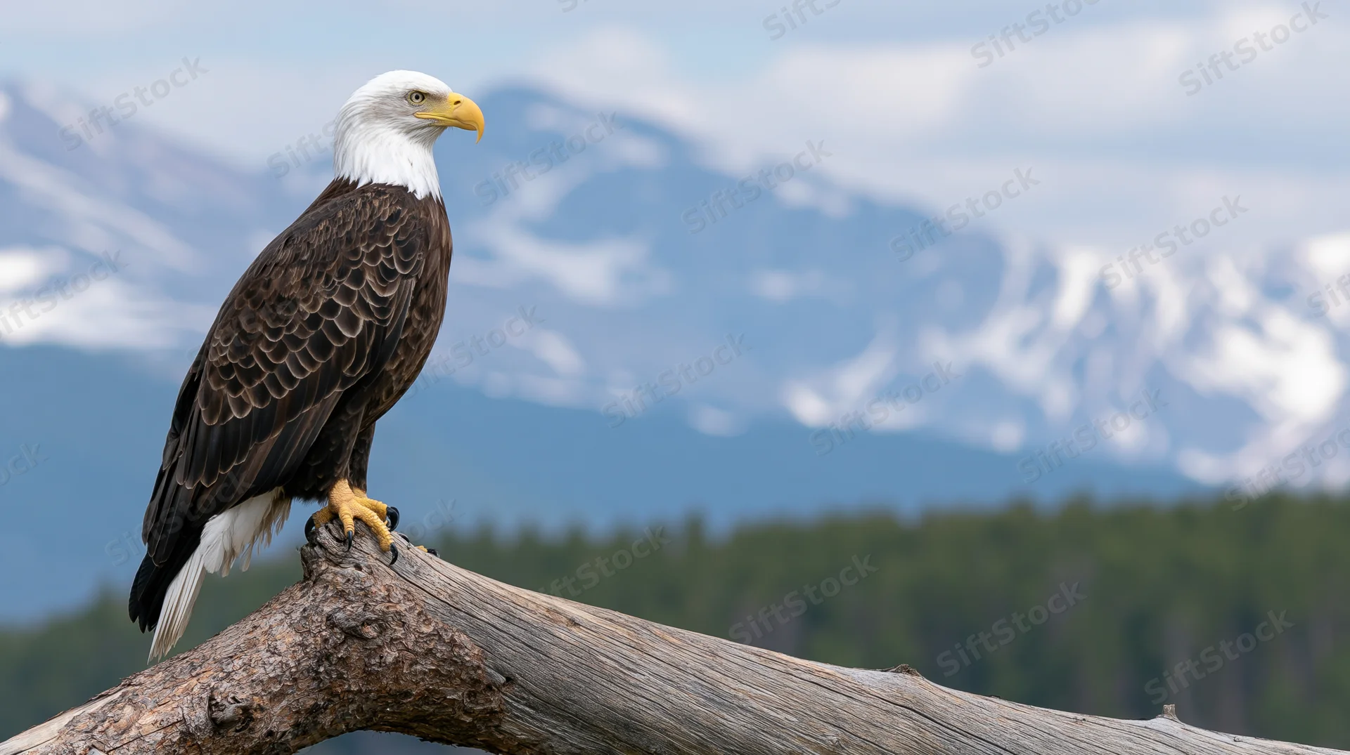 Bald eagle perched upright on a weathered driftwood branch with snow-capped mountains in the background